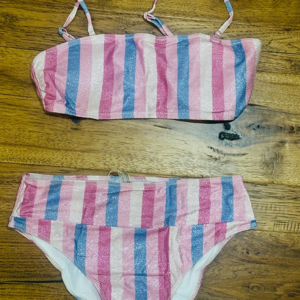Pink and Blue Metallic Striped Bikini Set